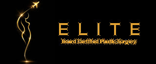Elite Board Certified Plastic Surgery logo with golden stylized figure and text on black background