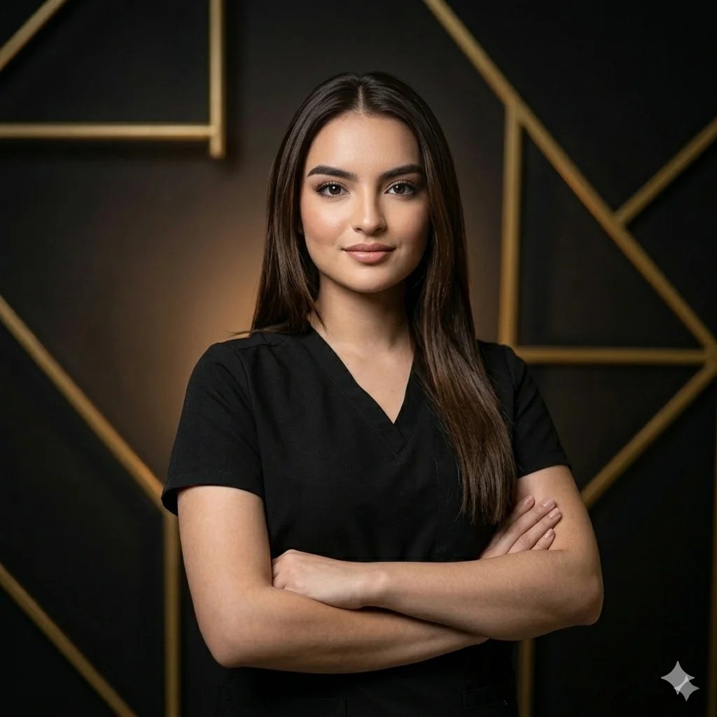Professional portrait of a woman with long dark hair wearing a black v-neck shirt, arms crossed, against a dark background with gold geometric shapes