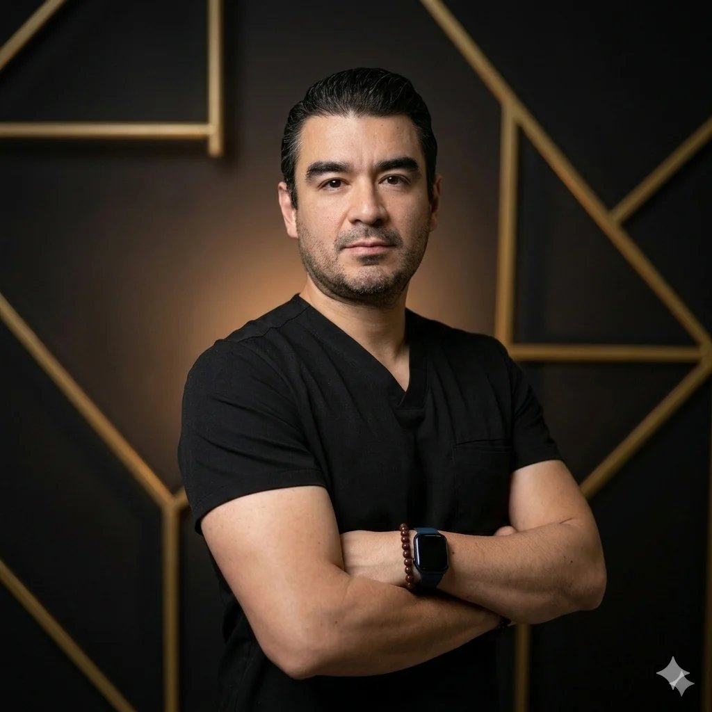 Man in black v-neck shirt with arms crossed, wearing a watch, against a dark background with gold geometric lines